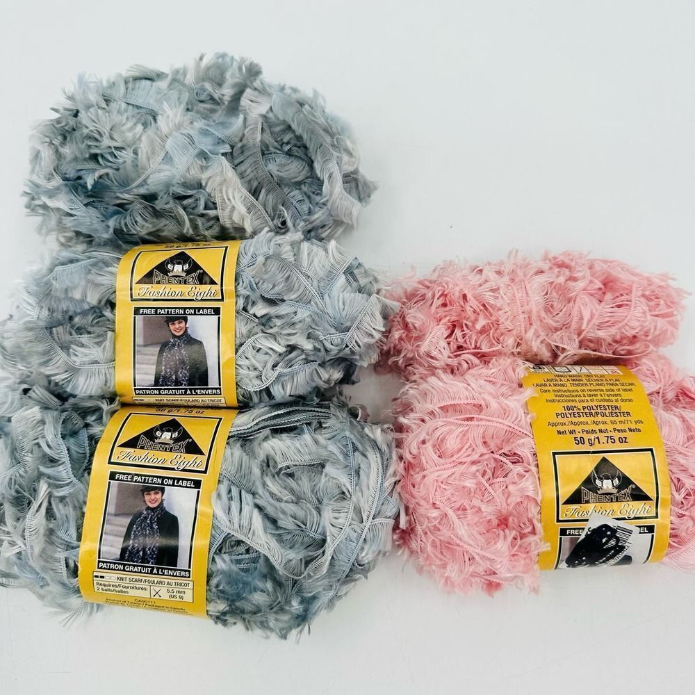 Phentex Eyelash Yarn BABY PINKS GREYS 4 Skeins 50g Fun Trim Fur Vintage